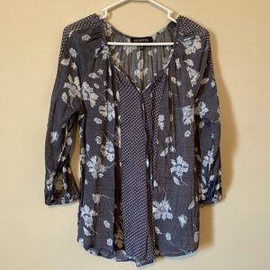 Blouse size medium. Light weight, great for spring. Gray blue and white.